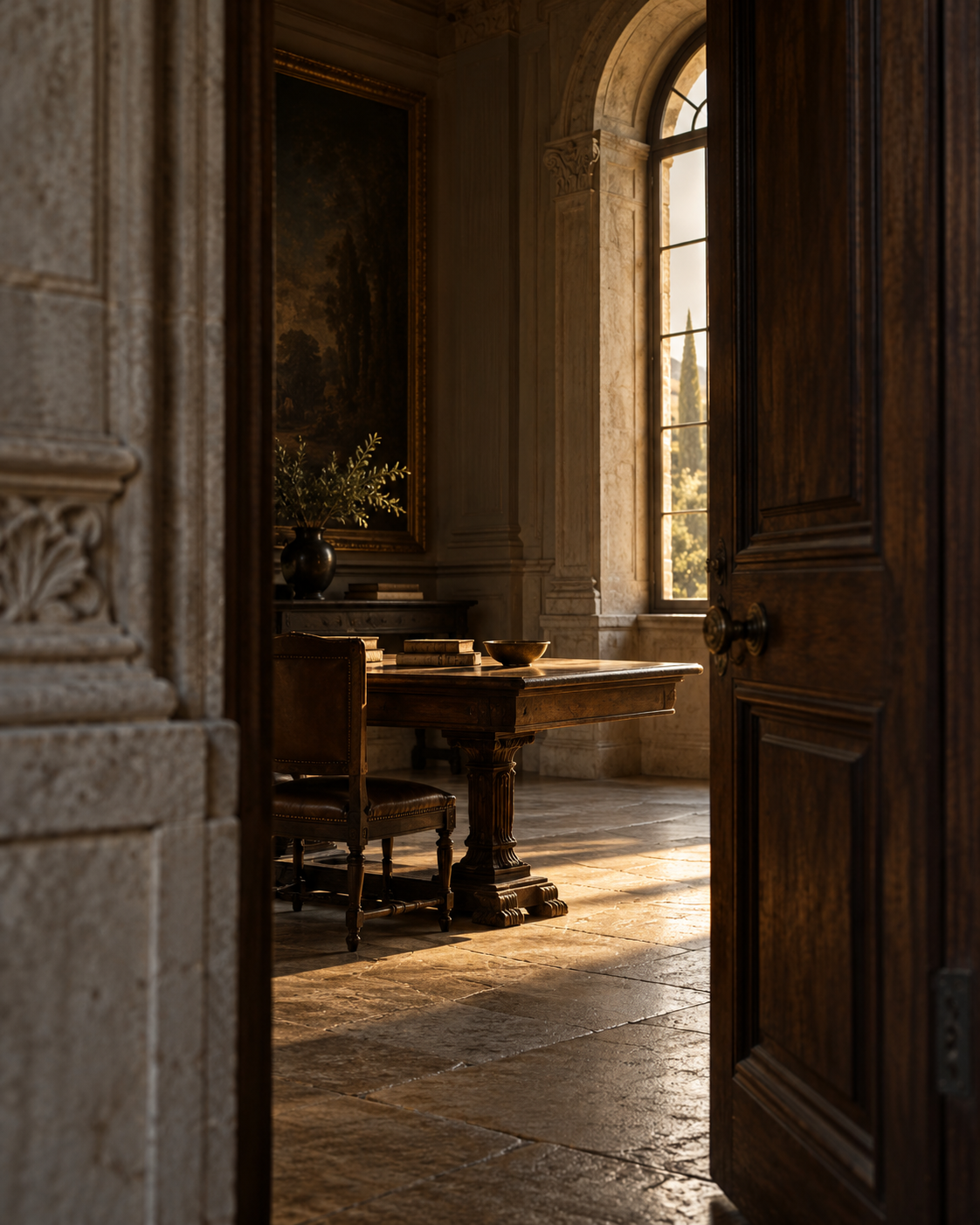 A partially open walnut door reveals a quiet classical chamber illuminated by warm afternoon light.